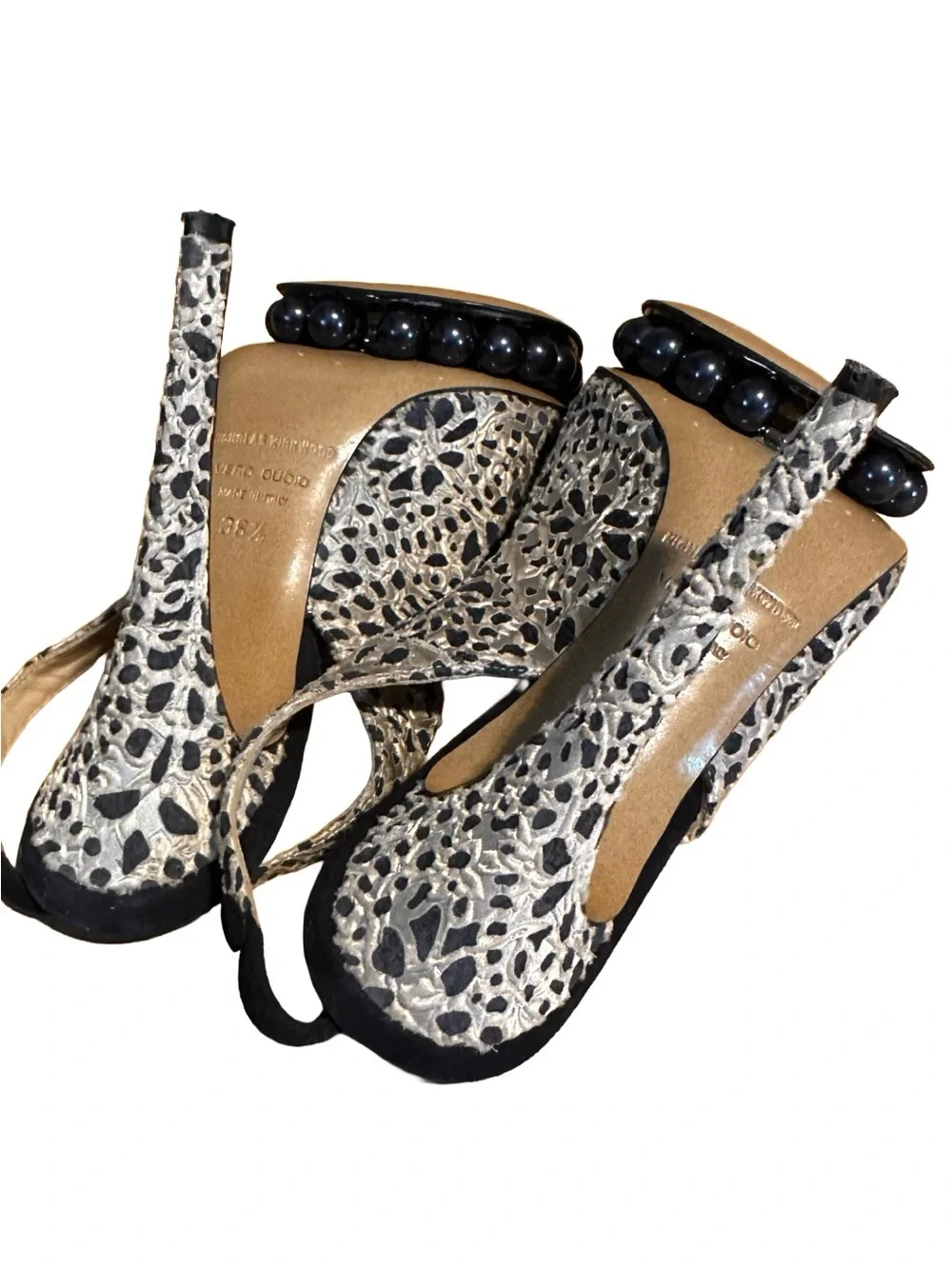 NICHOLAS KIRKWOOD BLACK & TAUPE ANIMAL PRINT SLINGBACK PLATFORM HEELS (36.5)